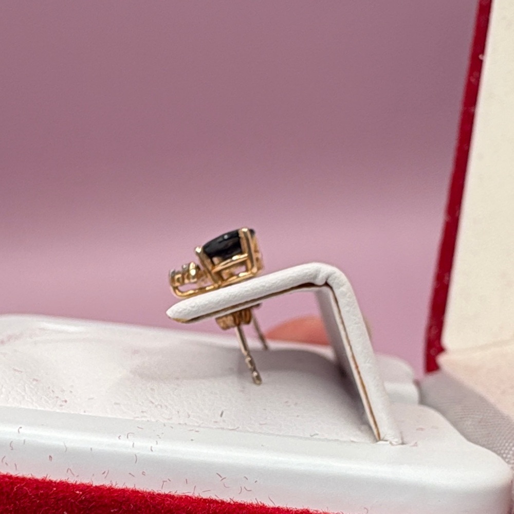 Beautiful 10K Gold Genuine Sapphire and Diamond Chip Teardrop Stud Earrings - Picture 6 of 11